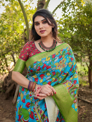 Vibrant Peacock Motif Blue and Green Tussar Silk Saree with Zari Border DIGITAL PRINT