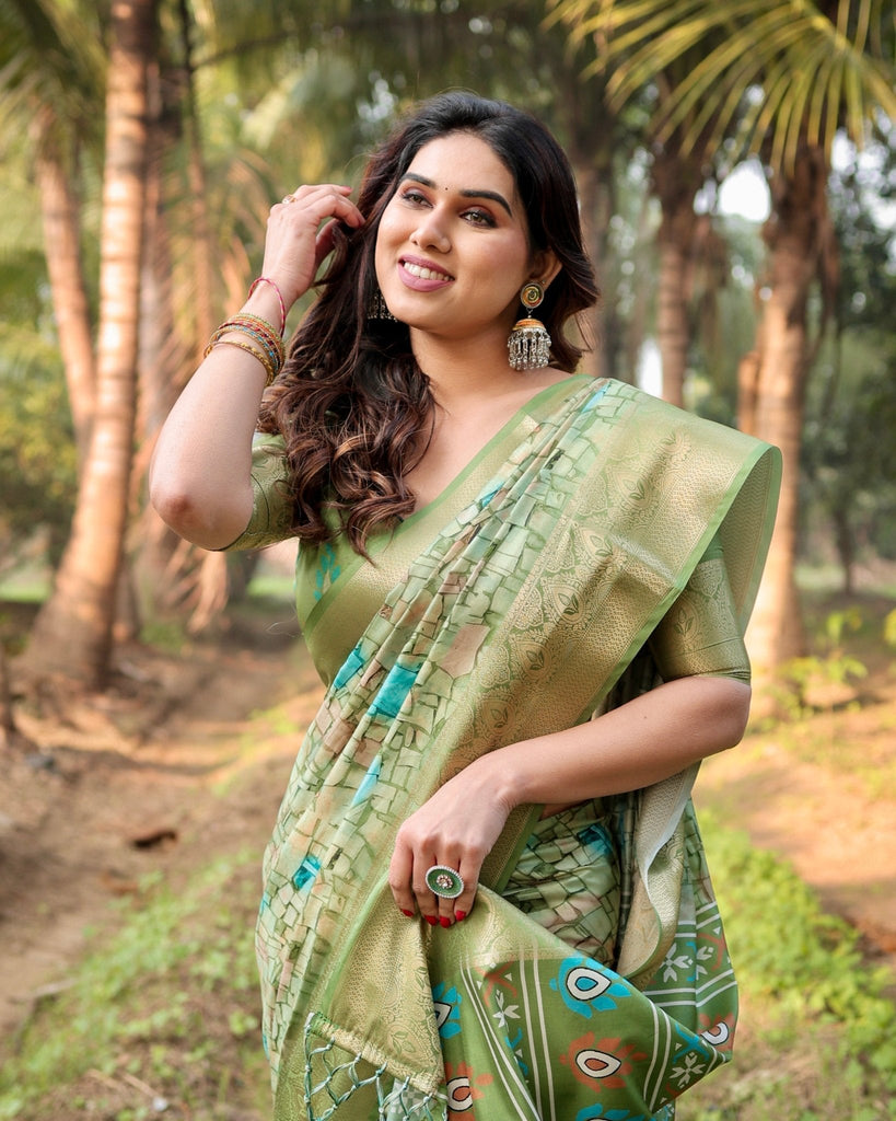Elegant Light Green Tussar Silk Saree with Zari Motif Border and Contemporary Checkered Pallu Design DIGITAL PRINT