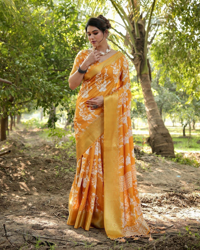 Sunshine Yellow Tussar Silk Saree with White Floral Motifs, Lustrous Zari Border, and Graceful Tassel Pallu DIGITAL PRINT