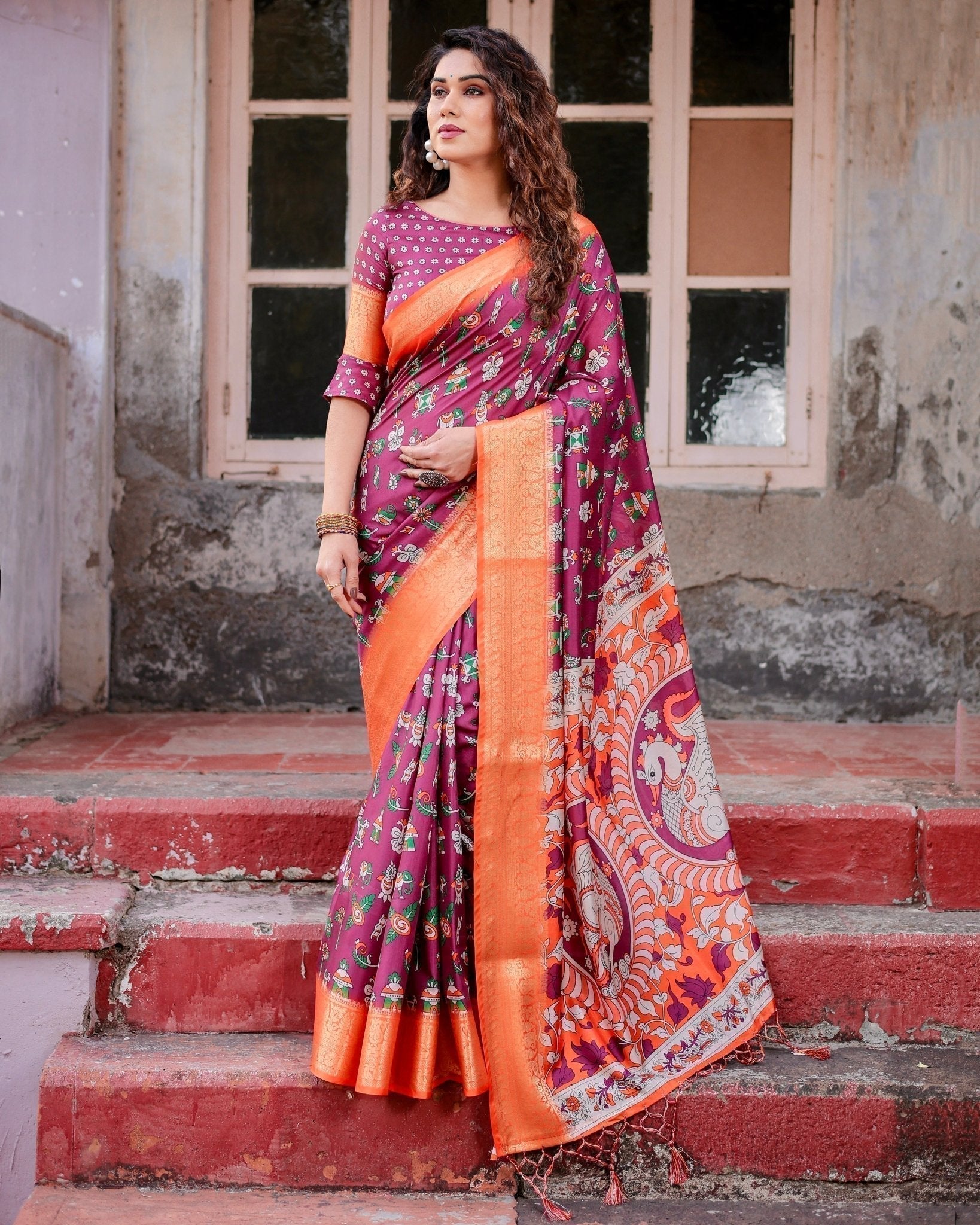 Wine Purple and Orange Tussar Silk Saree with Floral Motifs and Artistic Pallu DIGITAL PRINT Main image