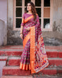 Load image into Gallery viewer, Wine Purple and Orange Tussar Silk Saree with Floral Motifs and Artistic Pallu DIGITAL PRINT