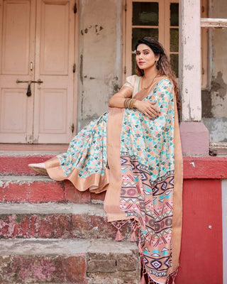 Contemporary Beige Tussar Silk Saree with Geometric Triangle Print and Golden Zari Border DIGITAL PRINT