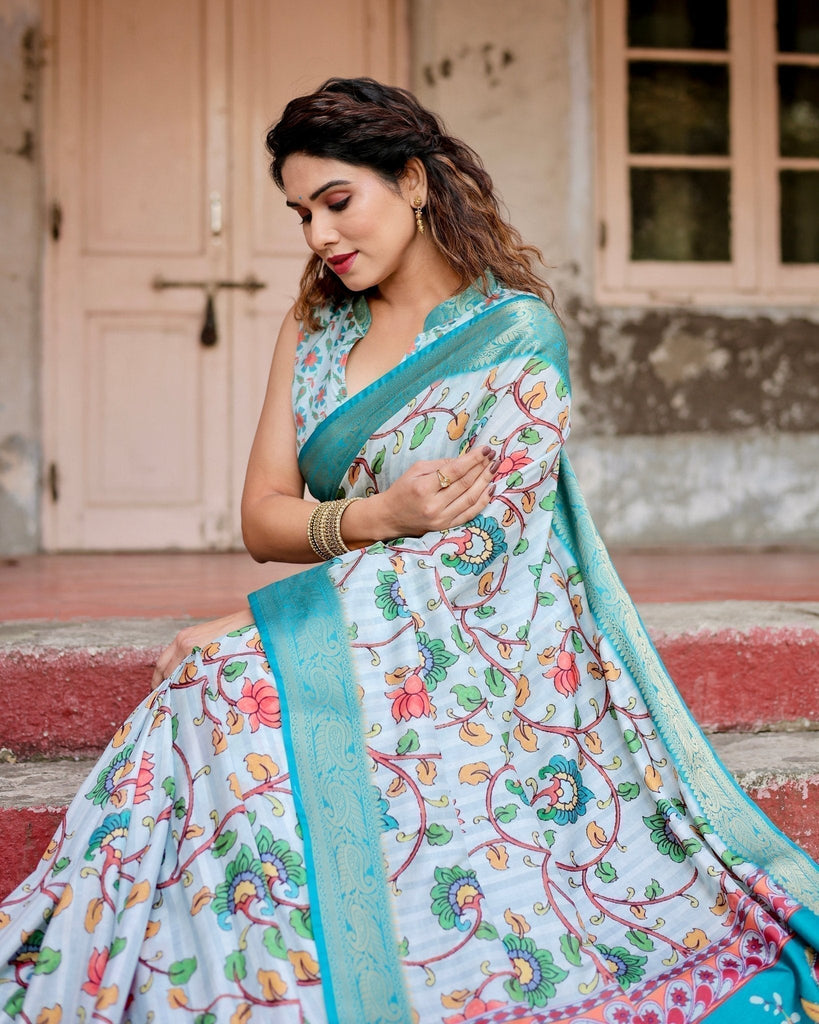 Sky Blue Tussar Silk Saree with Multicolor Floral Design and Zari Paisley Border DIGITAL PRINT