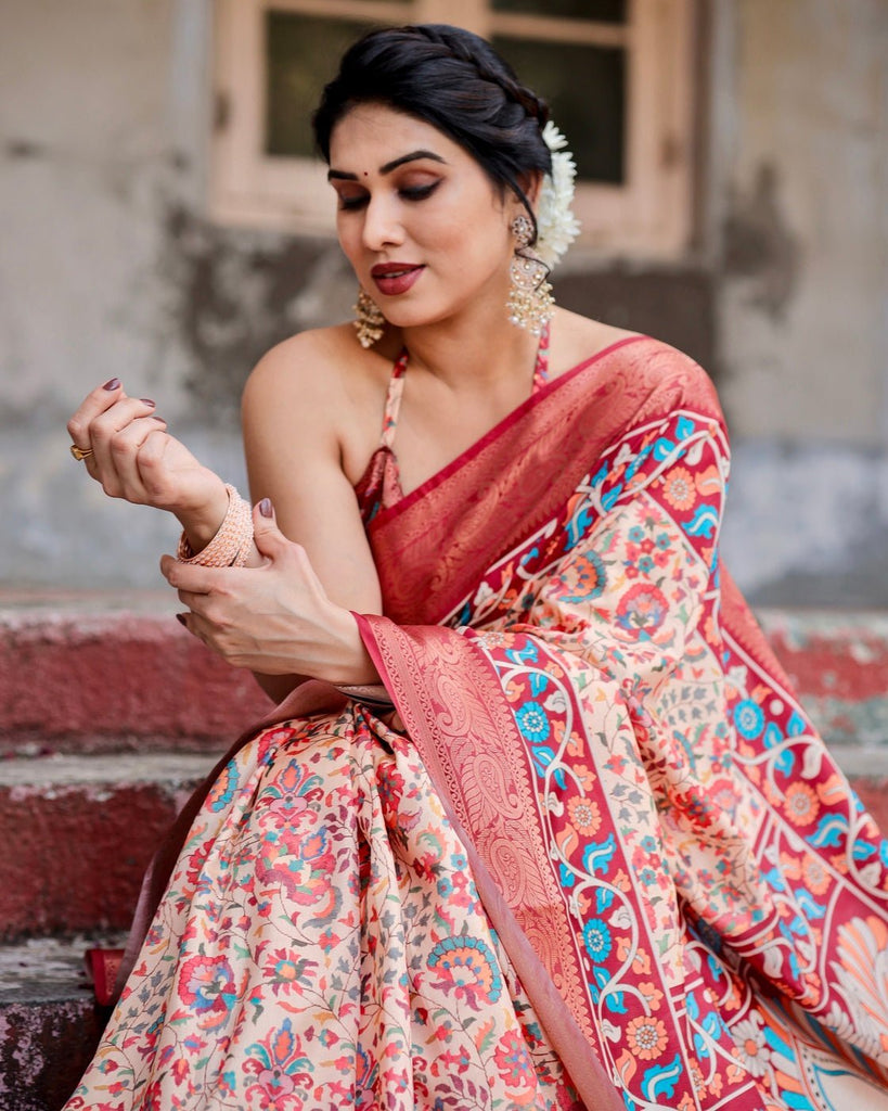 Beige and Coral Tussar Silk Saree with Intricate Floral Prints and Artistic Pallu DIGITAL PRINT