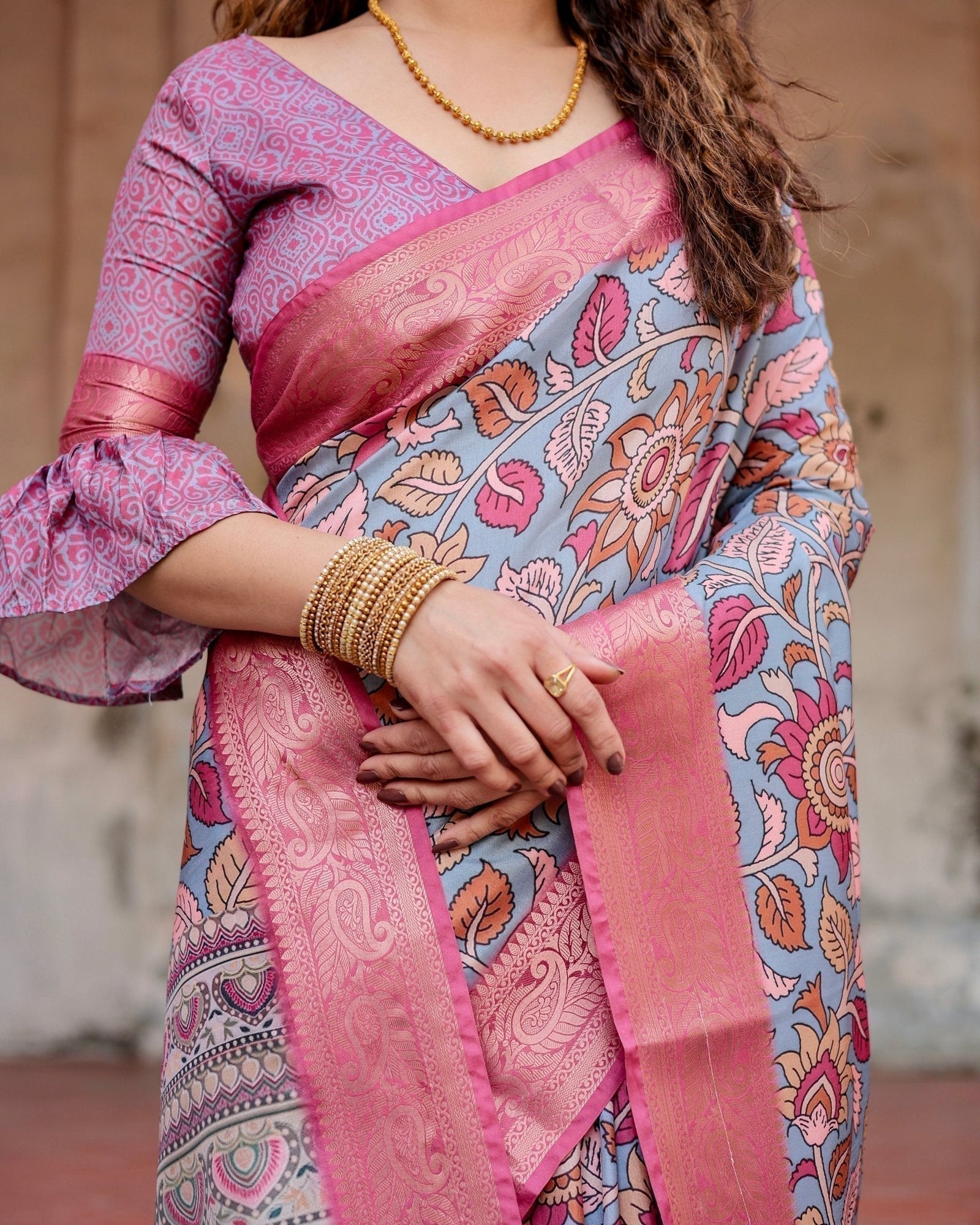 Graceful Grey Tussar Silk Saree with Pink Zari Border and Intricate Floral Motifs DIGITAL PRINT