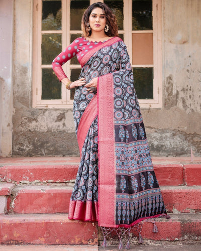 Black and Coral Tussar Silk Saree with Intricate Circular Motifs and Ornamental Pallu DIGITAL PRINT