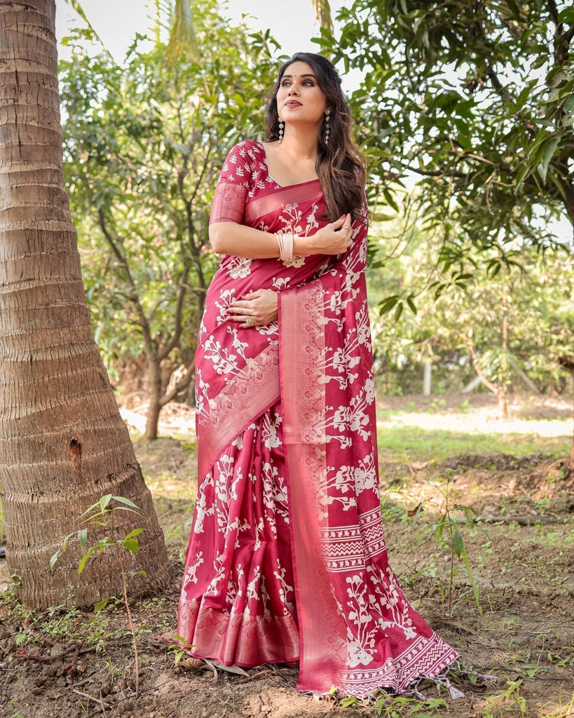Maroon Tussar Silk Saree with White Floral Motifs, Intricate Zari Border, and Elegant Tassel Pallu DIGITAL PRINT