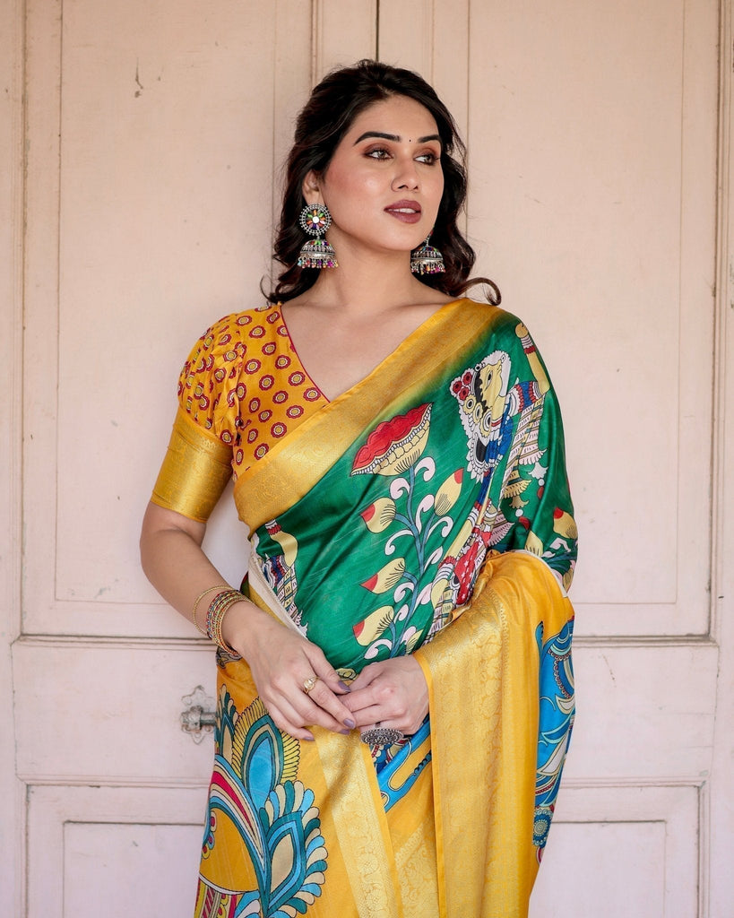 Golden Yellow Tussar Silk Saree with Vibrant Peacock Kalamkari Motifs DIGITAL PRINT