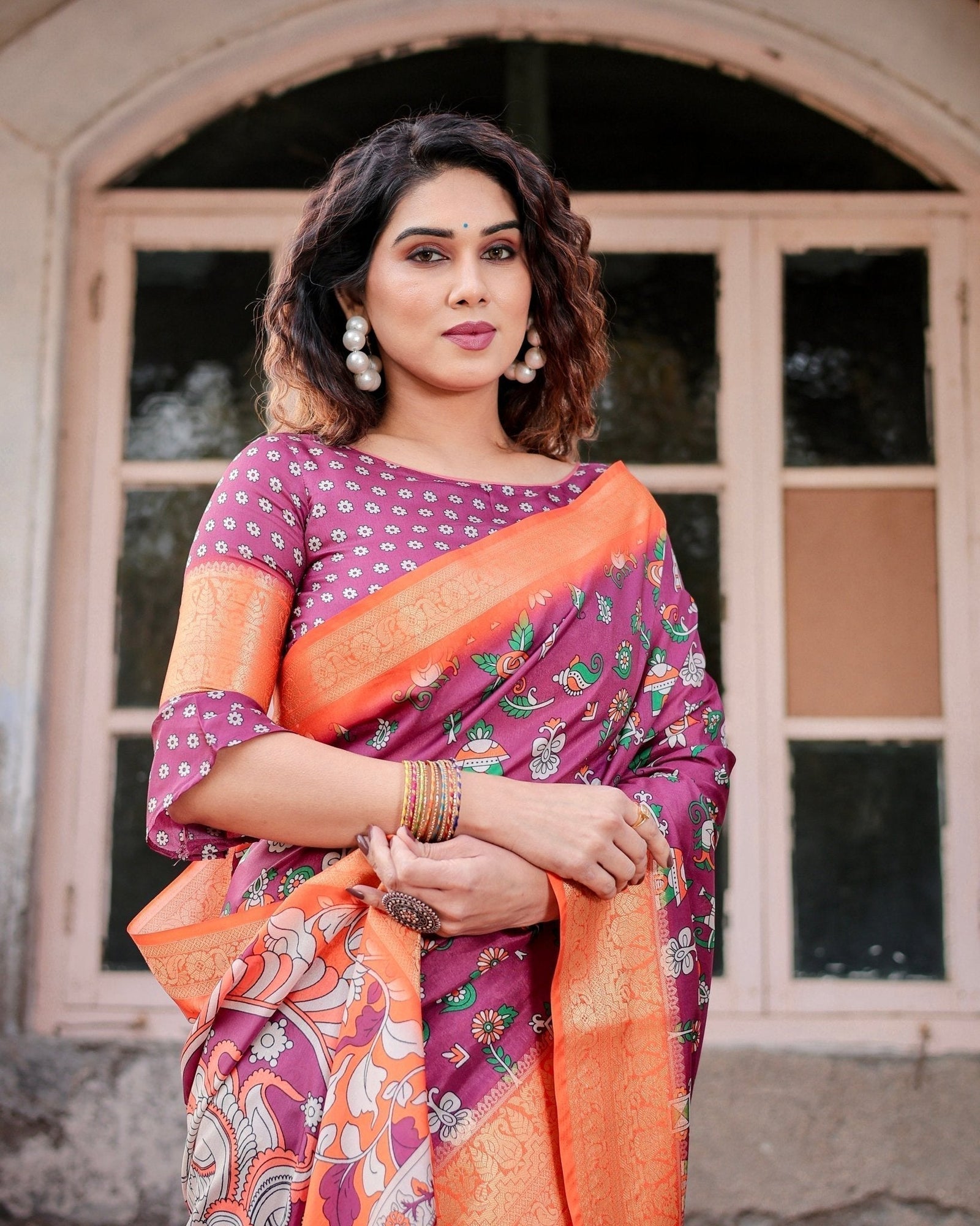 Wine Purple and Orange Tussar Silk Saree with Floral Motifs and Artistic Pallu DIGITAL PRINT