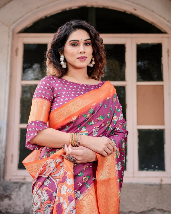Wine Purple and Orange Tussar Silk Saree with Floral Motifs and Artistic Pallu DIGITAL PRINT