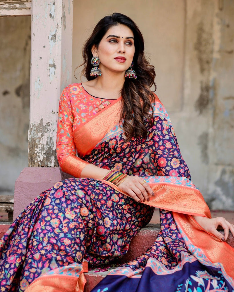 Navy Blue and Peach Tussar Silk Saree with Peacock Motifs and Floral Zari Border DIGITAL PRINT