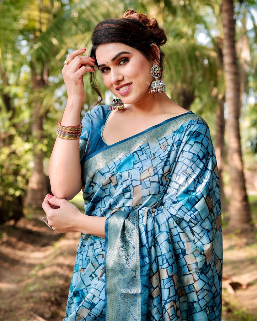 Mesmerizing Blue Tussar Silk Saree with Golden Zari Border and Mosaic-Inspired Pallu Design DIGITAL PRINT