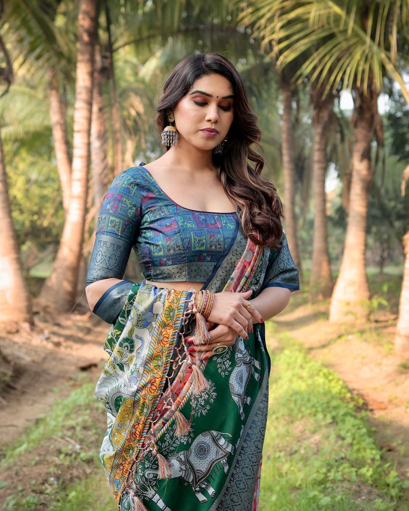 Multicolored Digital Print Tussar Silk Saree with Intricate Zari Border and Elephant Motif Pallu DIGITAL PRINT