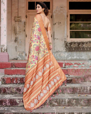 Golden Beige Tussar Silk Saree with Floral Paradise Print and Ornate Zari Border DIGITAL PRINT