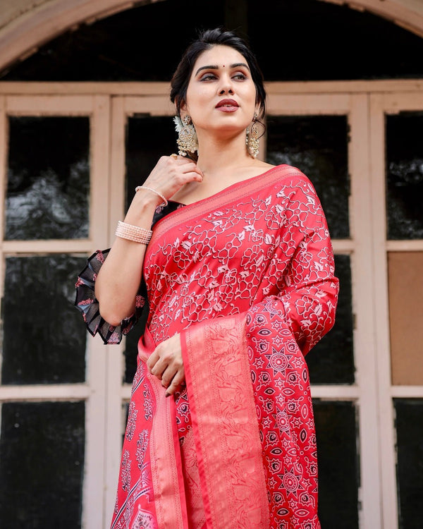 Fiery Red Tussar Silk Saree with Ornamental Motifs and Detailed Zari Pallu DIGITAL PRINT