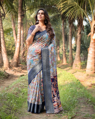 Sky Blue and Navy Digital Print Tussar Silk Saree with Zari Woven Border and Floral Motif Pallu DIGITAL PRINT