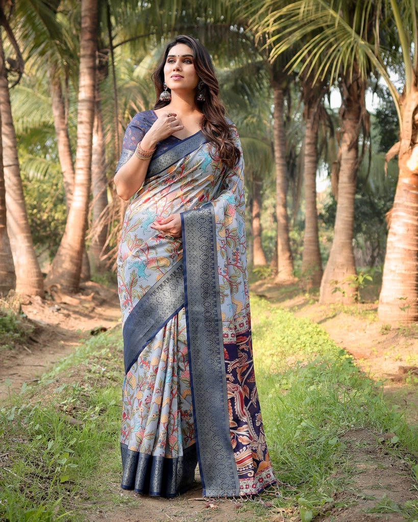 Sky Blue and Navy Digital Print Tussar Silk Saree with Zari Woven Border and Floral Motif Pallu DIGITAL PRINT