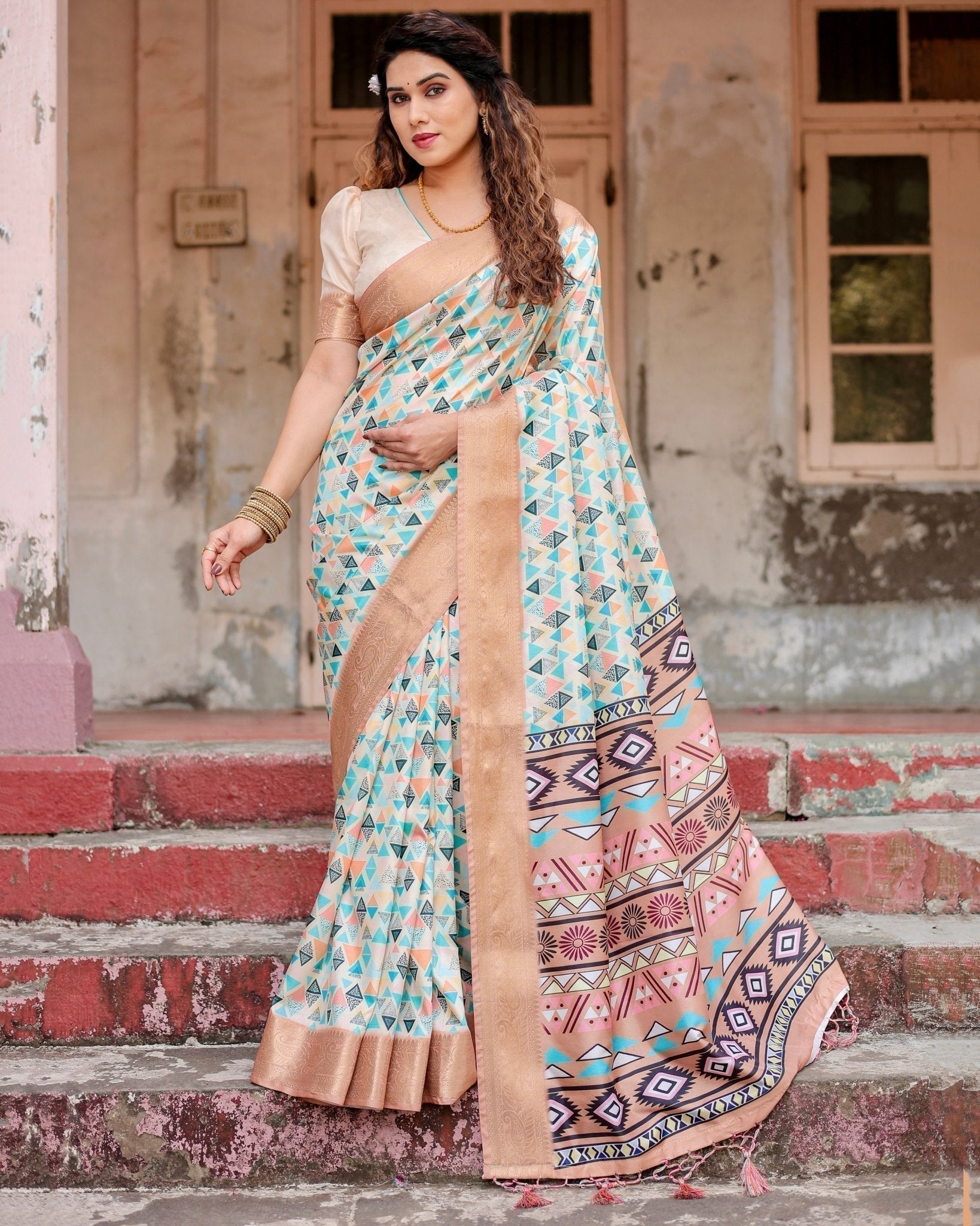 Contemporary Beige Tussar Silk Saree with Geometric Triangle Print and Golden Zari Border DIGITAL PRINT Main image