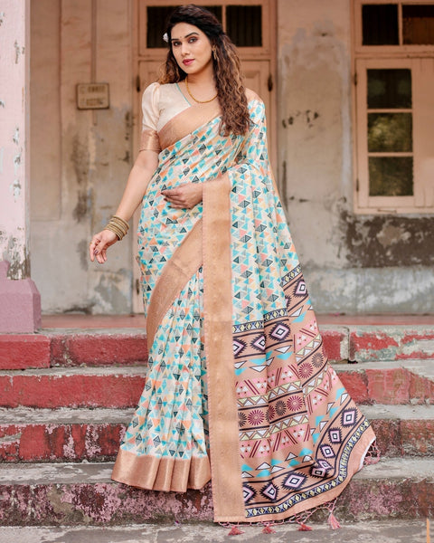 Contemporary Beige Tussar Silk Saree with Geometric Triangle Print and Golden Zari Border DIGITAL PRINT Main image