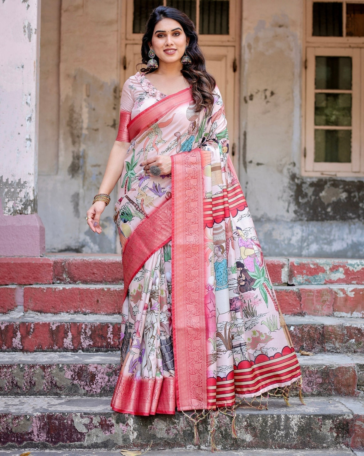 Blush Pink Digital Print Tussar Silk Saree with Vibrant Storyline Art DIGITAL PRINT Main image