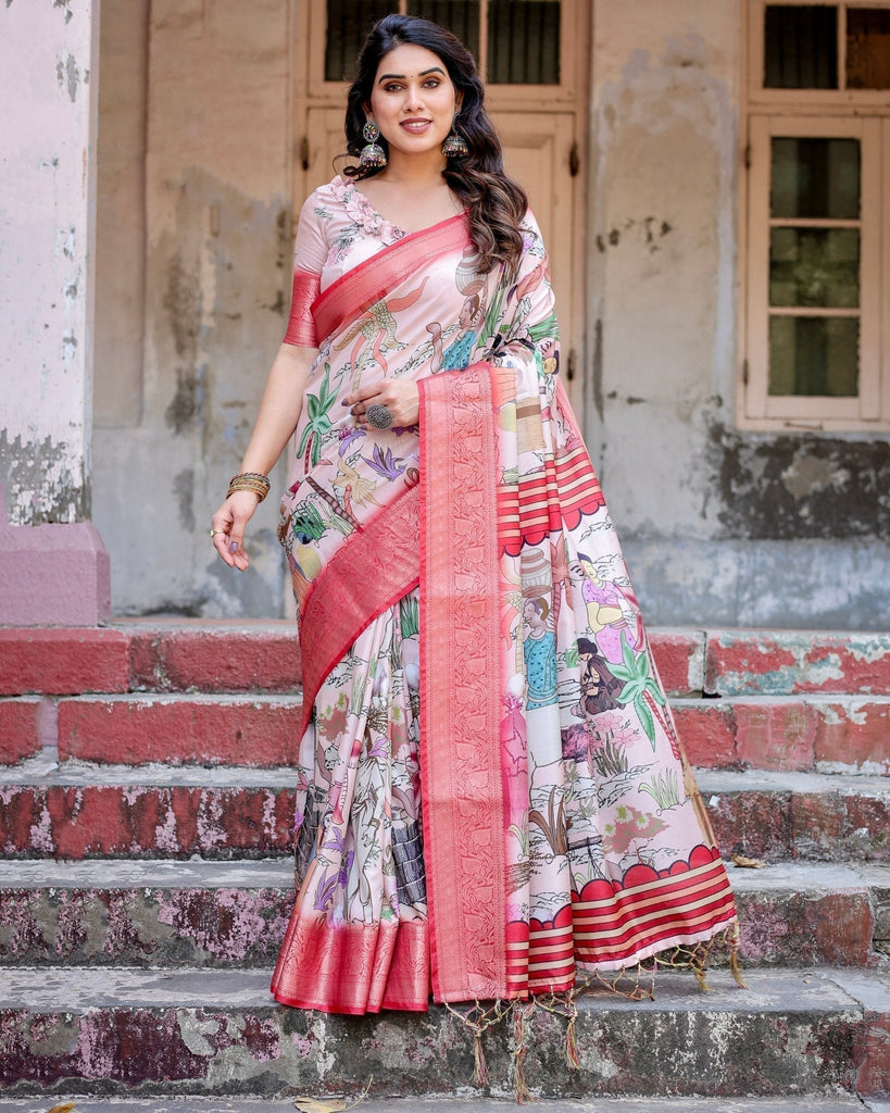 Blush Pink Digital Print Tussar Silk Saree with Vibrant Storyline Art DIGITAL PRINT