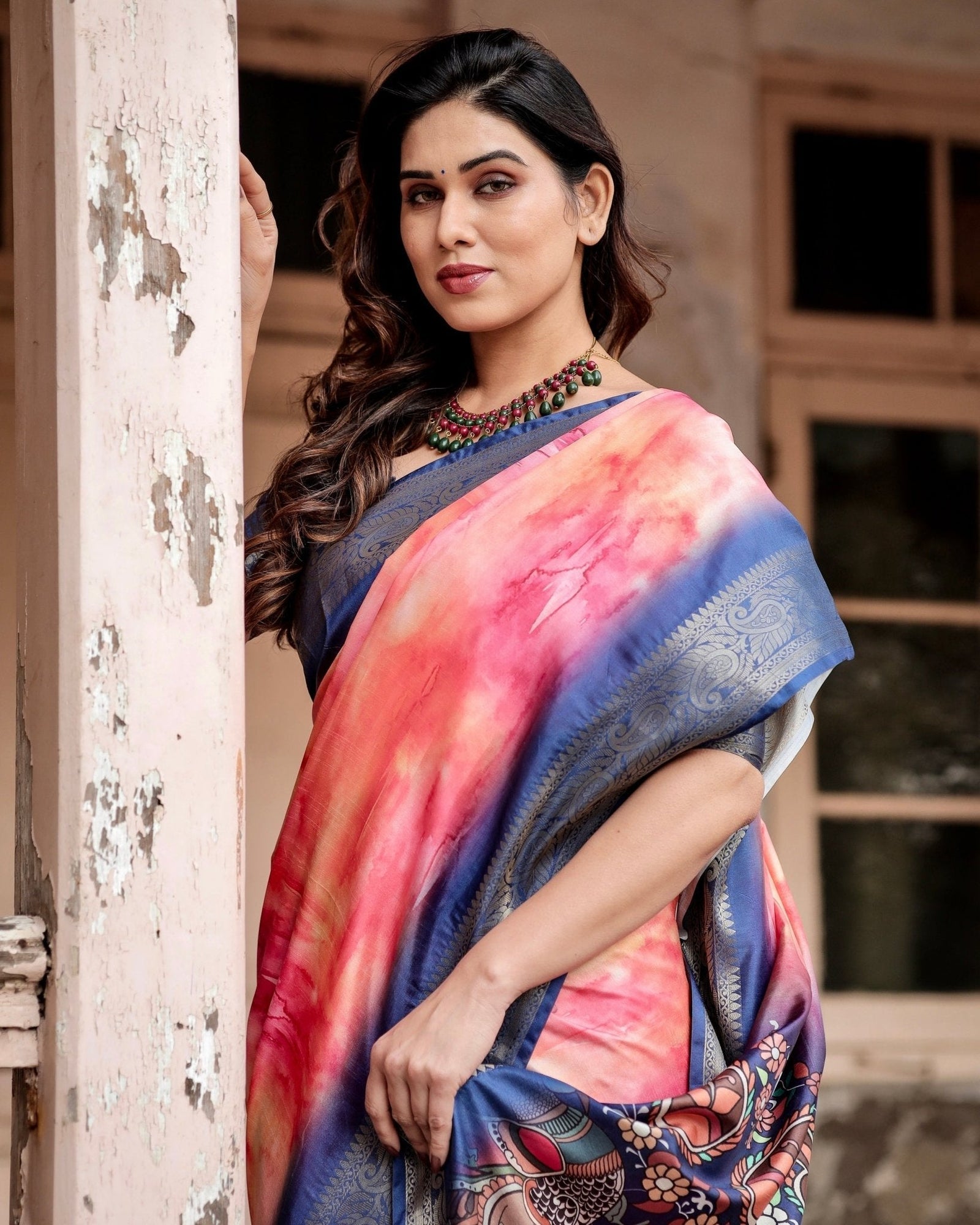 Pink and Blue Digital Printed Saree with Peacock Motif and Tassel Detail DIGITAL PRINT