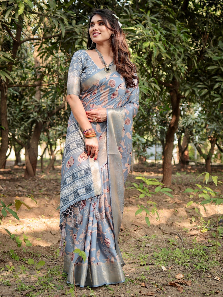Stylish Sky Blue Tussar Silk Saree with Beige and Gold Zari Work and Contemporary Pallu Design DIGITAL PRINT
