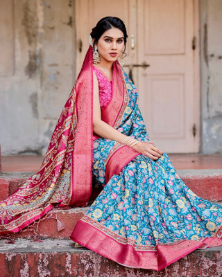 Teal Blue and Coral Tussar Silk Saree with Vibrant Floral Motifs and Ornamental Pallu DIGITAL PRINT