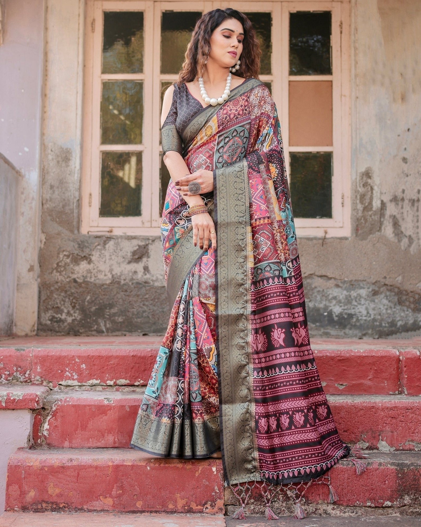 Multicolor Tussar Silk Saree with Ornamental Patchwork and Olive Zari Border DIGITAL PRINT