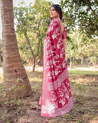 Maroon Tussar Silk Saree with White Floral Motifs, Intricate Zari Border, and Elegant Tassel Pallu DIGITAL PRINT