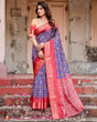 Load image into Gallery viewer, Royal Blue and Red Tussar Silk Saree with Geometric Patterns and Ornate Zari Border DIGITAL PRINT