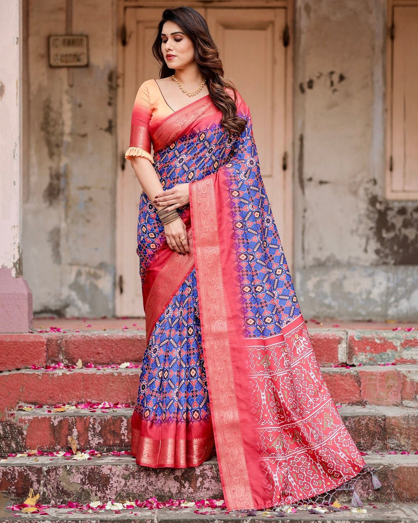 Royal Blue and Red Tussar Silk Saree with Geometric Patterns and Ornate Zari Border DIGITAL PRINT