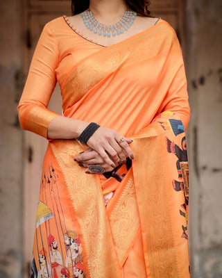 Sunset Orange Tussar Silk Saree with Royal Procession Pallu and Zari Border DIGITAL PRINT