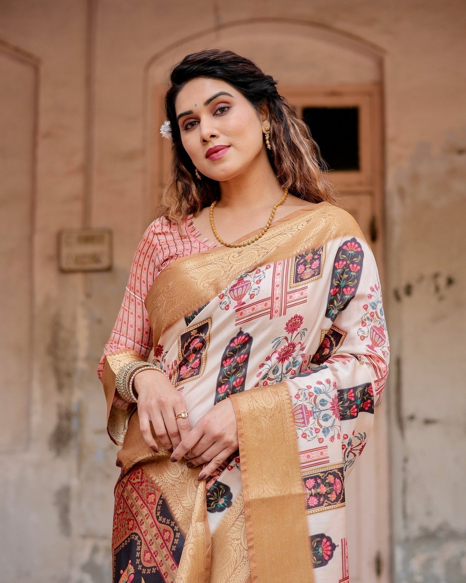 Ivory Tussar Silk Saree with Artistic Floral Motifs and Gleaming Golden Zari Border DIGITAL PRINT