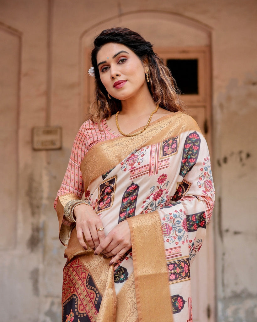 Ivory Tussar Silk Saree with Artistic Floral Motifs and Gleaming Golden Zari Border DIGITAL PRINT