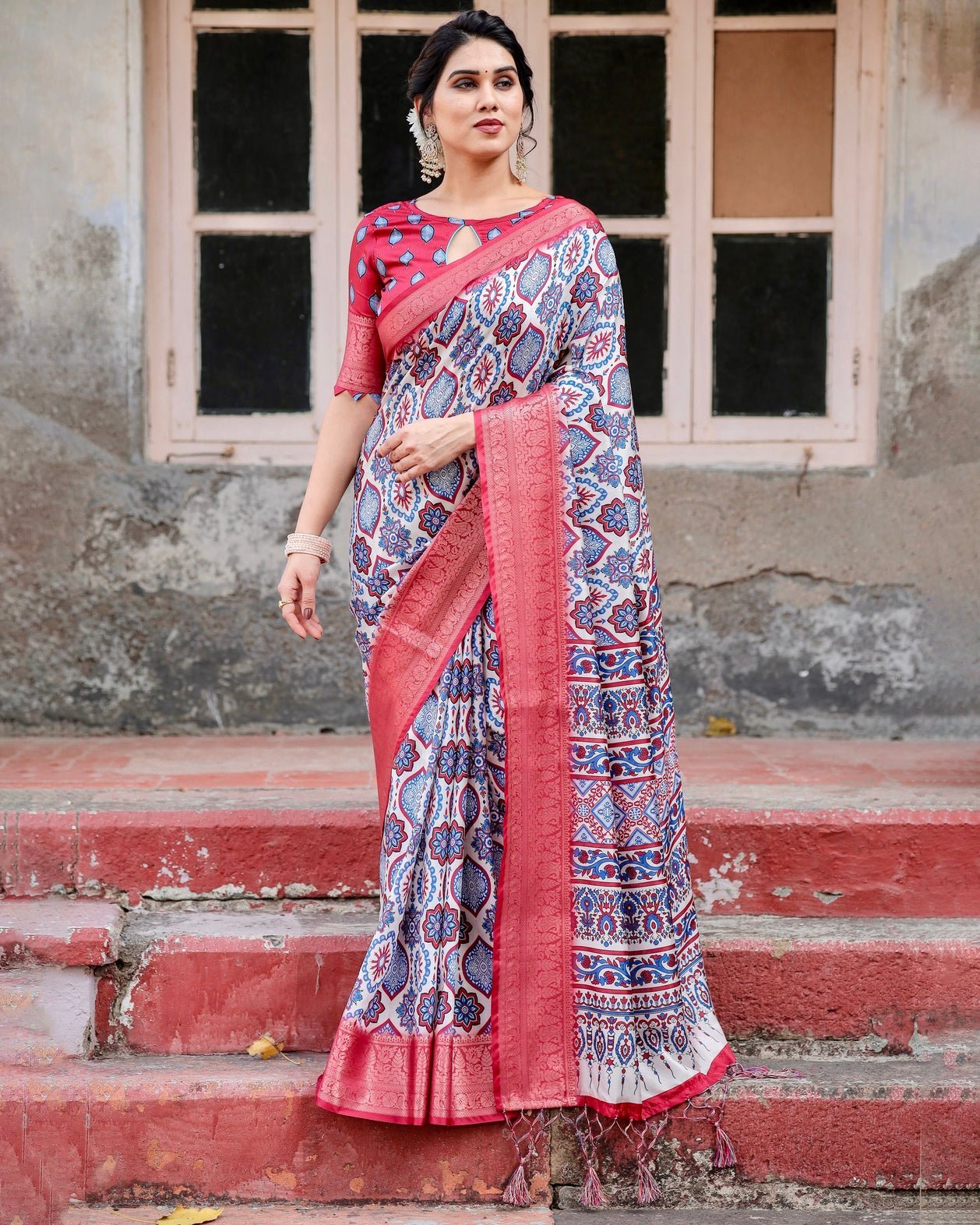 White and Red Tussar Silk Saree with Vibrant Floral Geometric Motifs and Ornamental Zari Border DIGITAL PRINT Main image