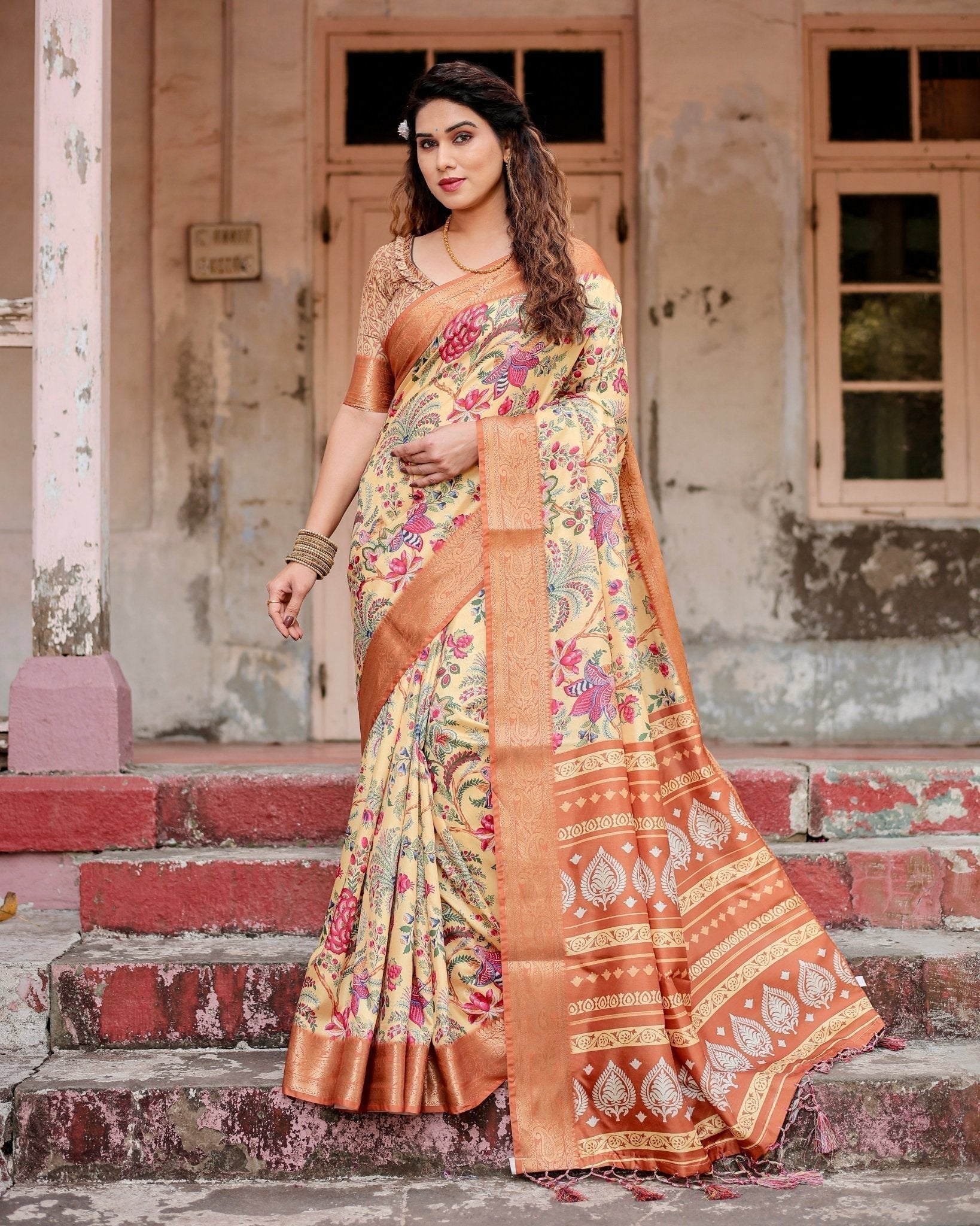 Golden Beige Tussar Silk Saree with Floral Paradise Print and Ornate Zari Border Secondary image