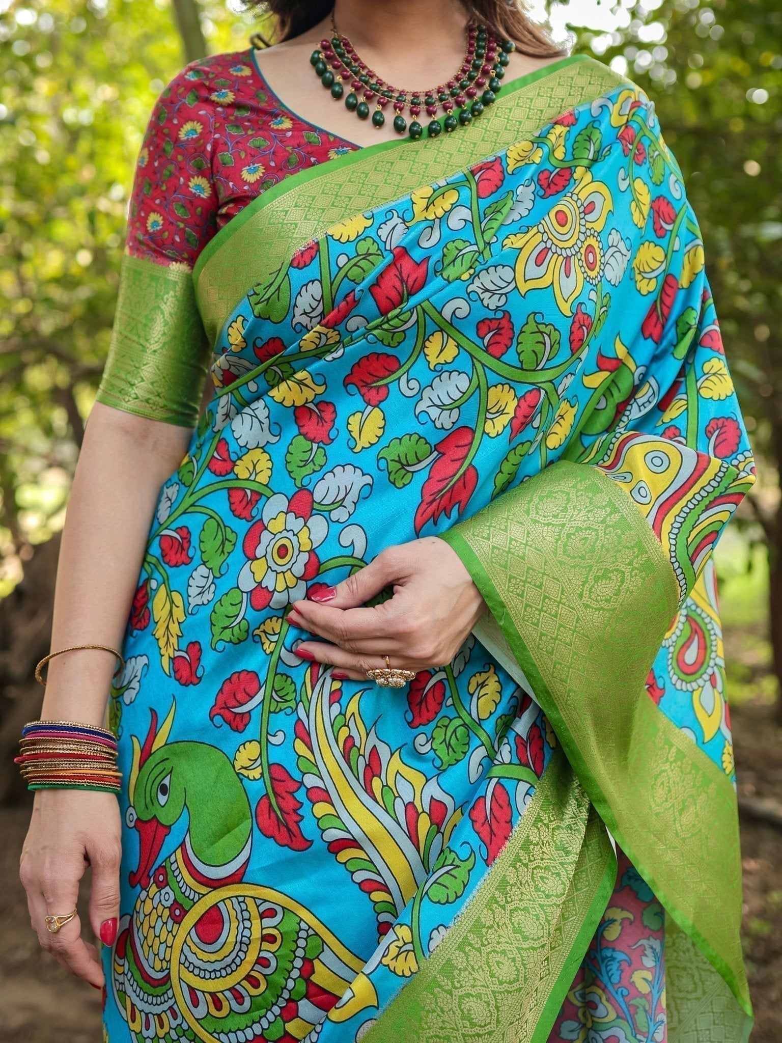 Vibrant Peacock Motif Blue and Green Tussar Silk Saree with Zari Border DIGITAL PRINT