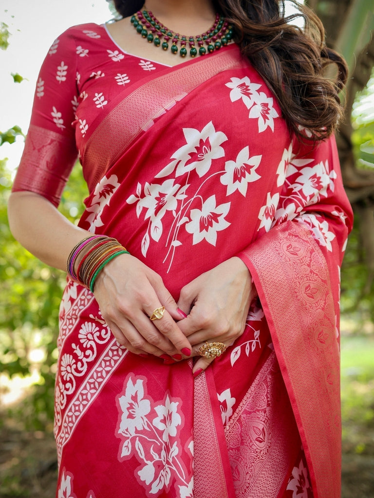 Graceful Red Tussar Silk Saree with White Floral Design and Zari Border DIGITAL PRINT