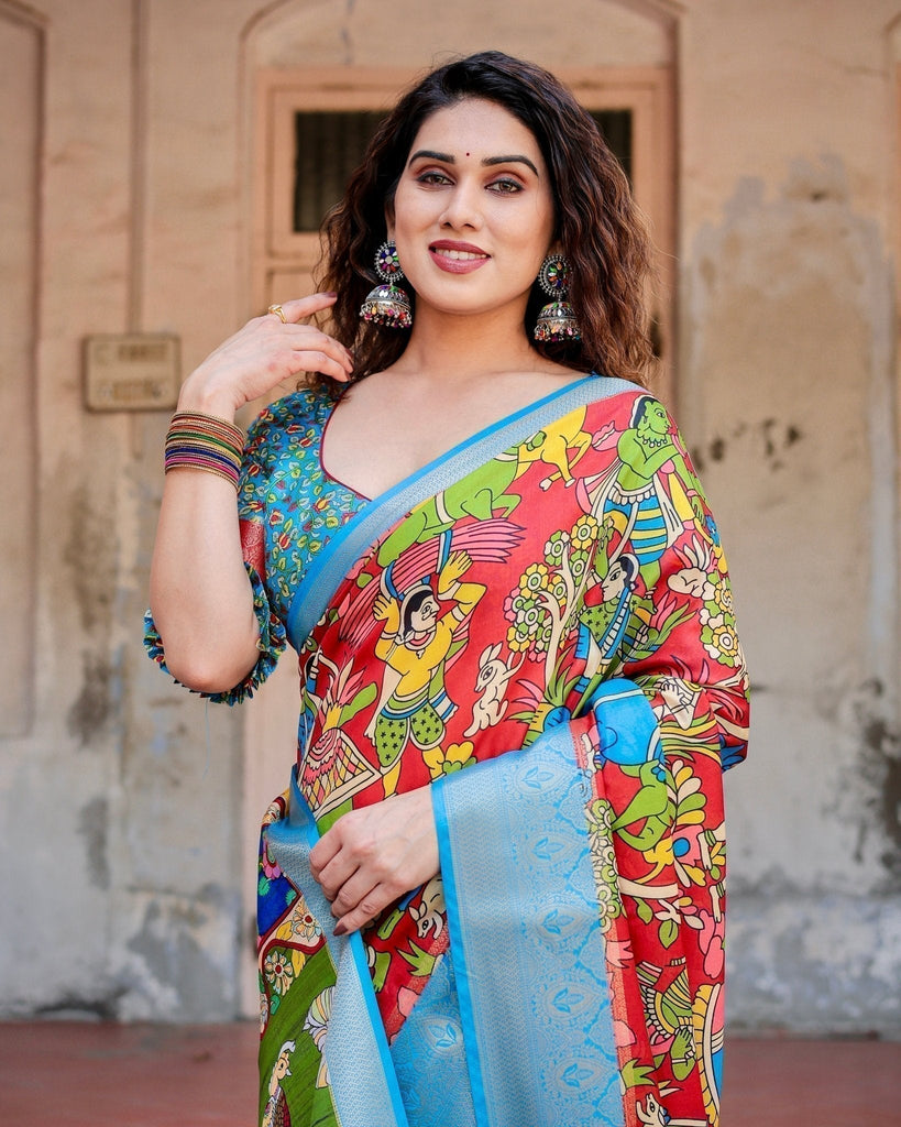 Multicolor Folk Art Inspired Digital Print Tussar Silk Saree with Sky Blue Zari Border DIGITAL PRINT