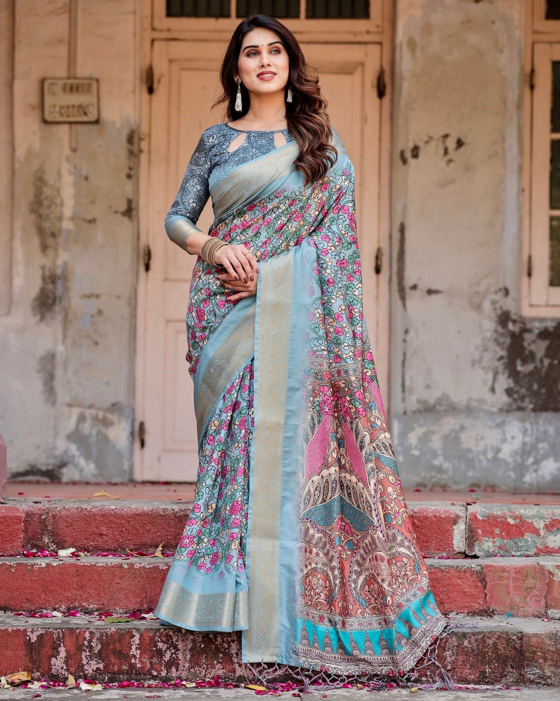 Sky Blue Tussar Silk Saree with Floral Weaves and Ornamental Pallu Design DIGITAL PRINT