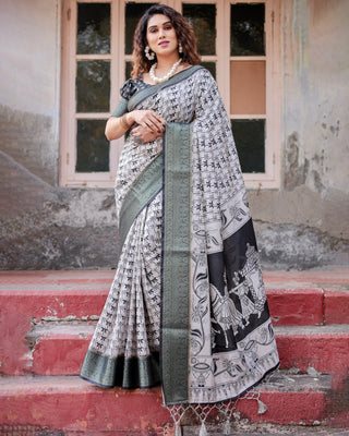 Monochrome White and Black Tussar Silk Saree with Tribal Art Motifs and Zari Border DIGITAL PRINT
