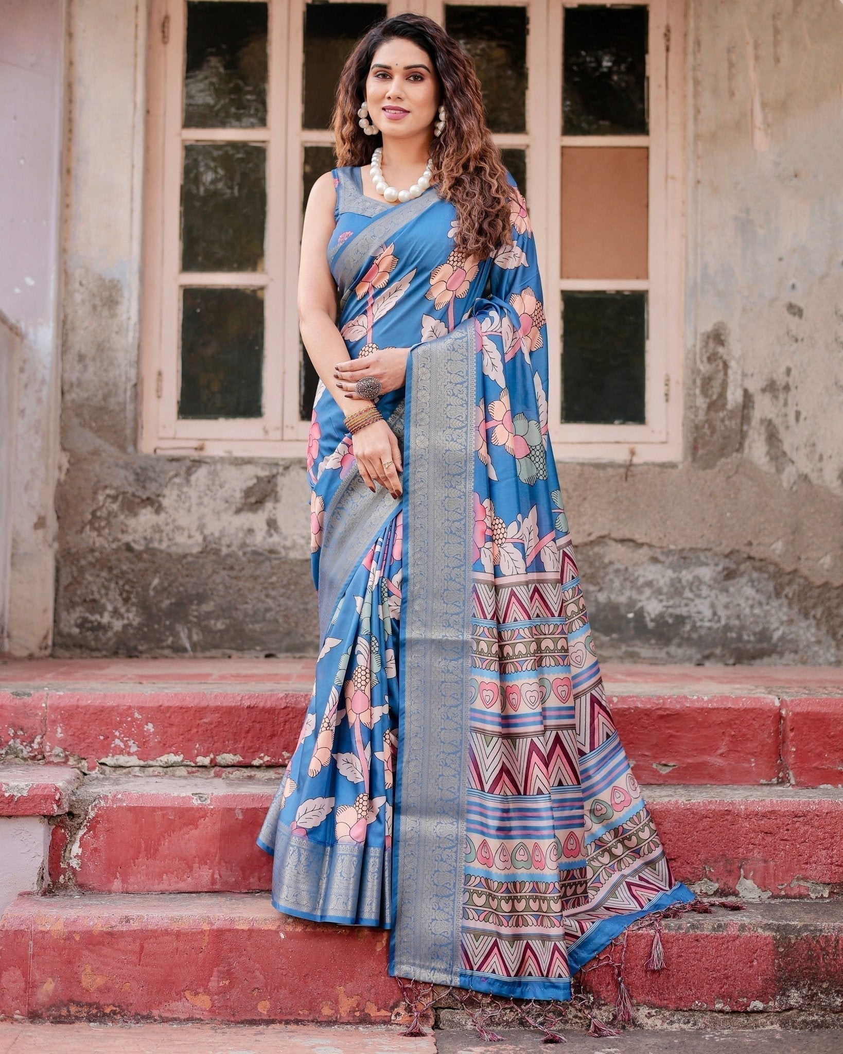 Sky Blue Tussar Silk Saree with Bold Floral Motifs and Chevron Pallu Design DIGITAL PRINT Main image