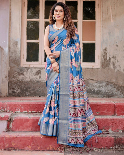 Sky Blue Tussar Silk Saree with Bold Floral Motifs and Chevron Pallu Design DIGITAL PRINT