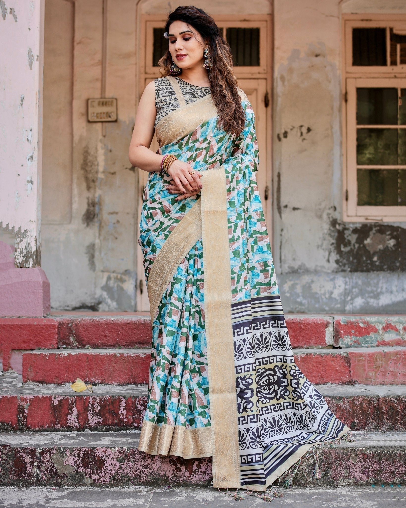 Contemporary Abstract Print Saree with Gold Border and Monochrome Patterned Pallu DIGITAL PRINT Main image