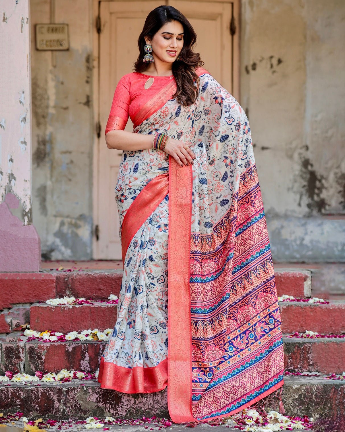 Ivory Tussar Silk Saree with Coral Zari Border and Intricate Floral Motifs DIGITAL PRINT Main image