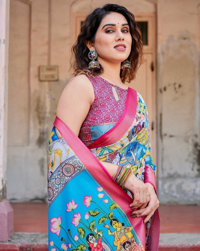 Vibrant Multicolor Digital Printed Tussar Silk Saree with Pink Zari Border DIGITAL PRINT
