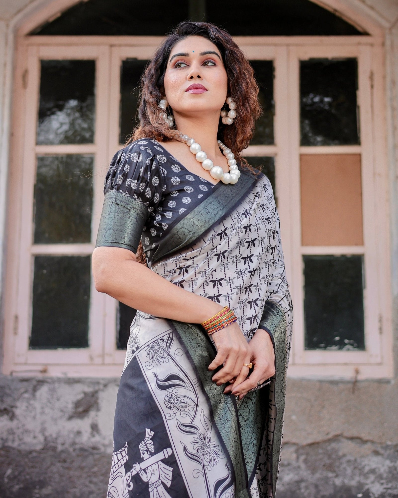 Monochrome White and Black Tussar Silk Saree with Tribal Art Motifs and Zari Border DIGITAL PRINT