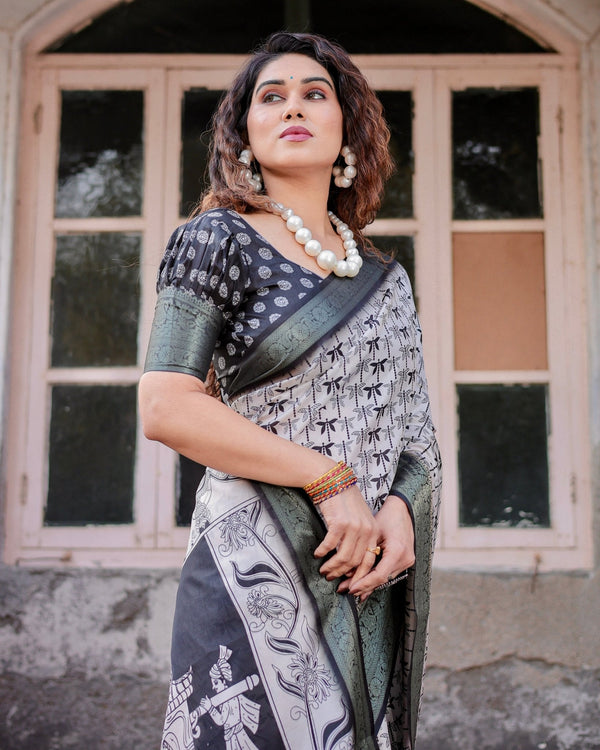 Monochrome White and Black Tussar Silk Saree with Tribal Art Motifs and Zari Border DIGITAL PRINT