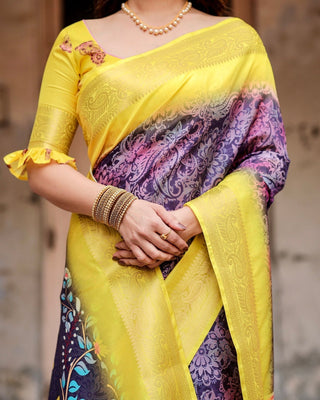 Purple and Yellow Tussar Silk Saree with Artistic Peacock Pallu and Zari Border DIGITAL PRINT
